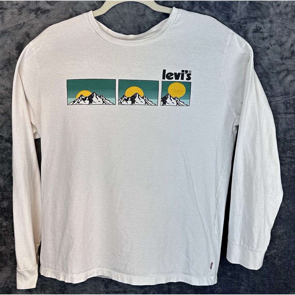 Levi's Men's Size L White Long Sleeve Crew Neck Graphic Logo Cotton Knit Tee
